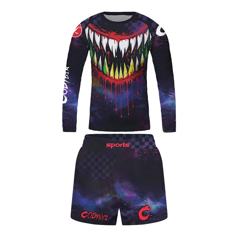 Kids Combat Training Set 4-12 Years Black Purple Monster Print Martial Arts Base Layers MMA Boxing Sparring Gym Clothes for Boys