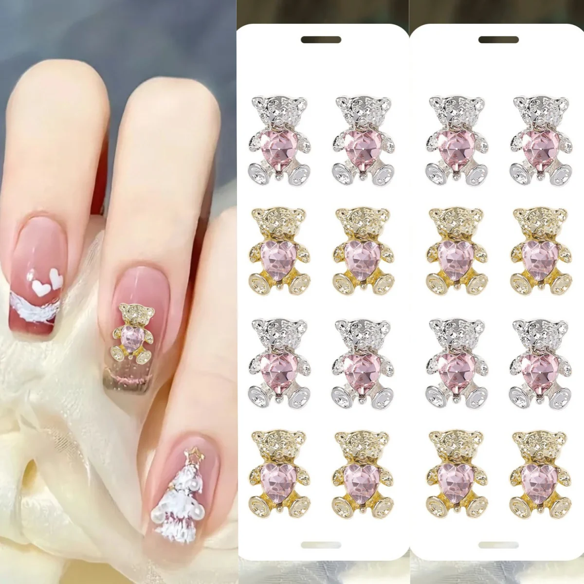 10 szt. Urocze misie złote srebrne z różowym sercem kryształowe cyrkonie do paznokci 3D ozdoby do paznokci DIY rękodzieło do manicure misie akcesoria do paznokci