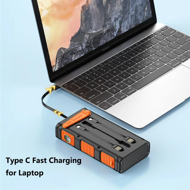 30000mAh 手回しソーラーパワーバンク ケーブル付き ライト PD 20W 急速充電器 iPhone Samsung Xiaomi 外部バッテリー用