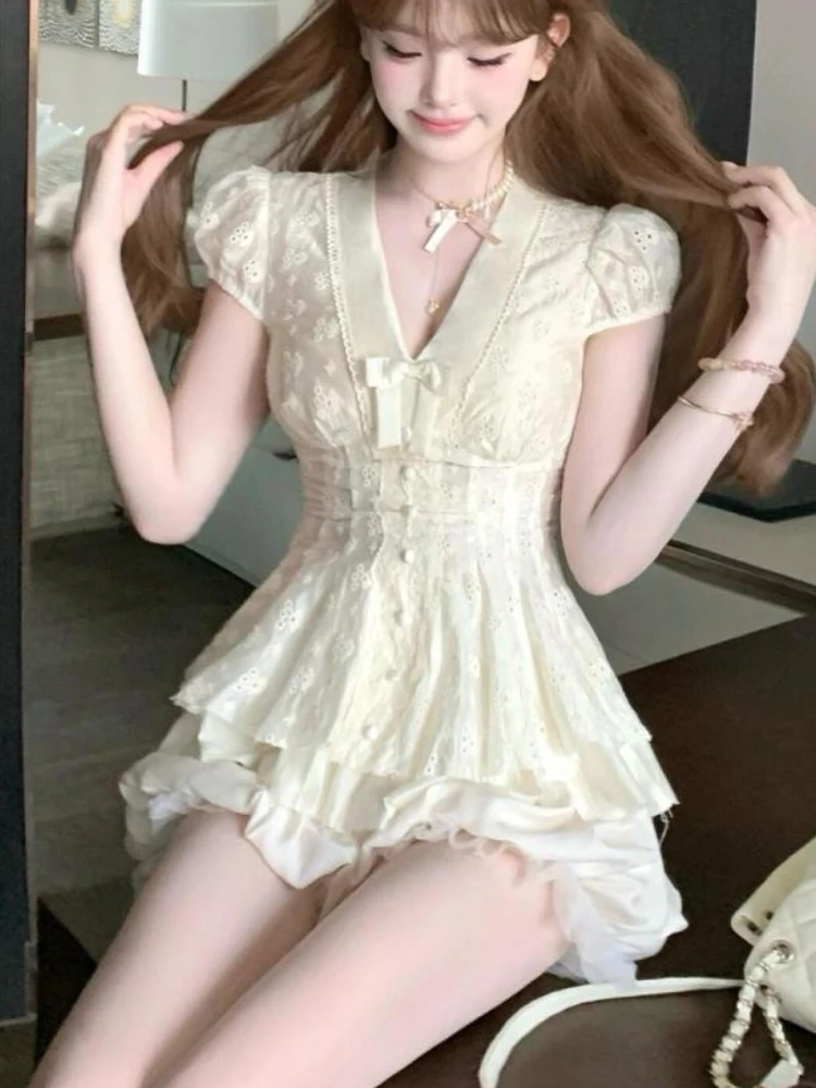 

Сексуальные комплекты из 2 предметов French Sweet с v-образным вырезом, женские топы с короткими рукавами и бантом Y2k + шорты, брюки, женские элегантные корейские наряды в стиле ретро