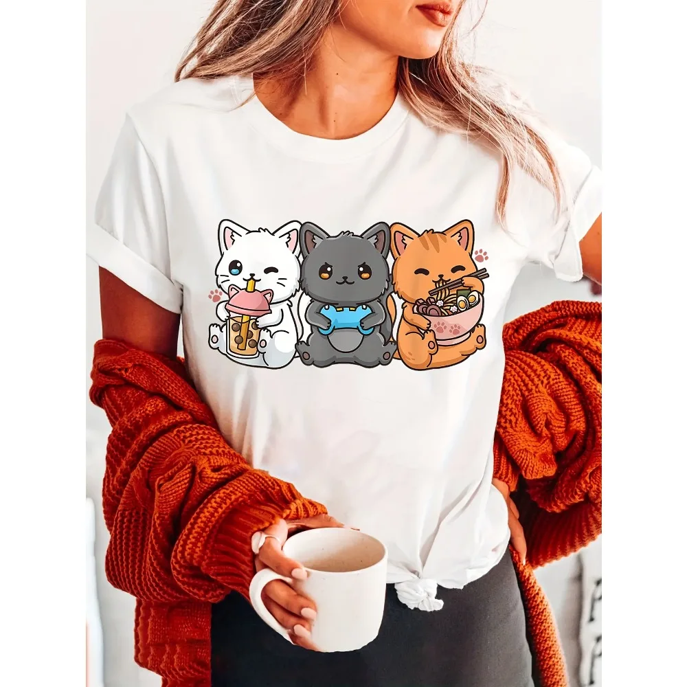 القط طباعة طاقم الرقبة تي شيرت قصير الأكمام رداء علوي غير رسمي للصيف والربيع الملابس النسائية قميص بلايز Camisetas Mujer #1