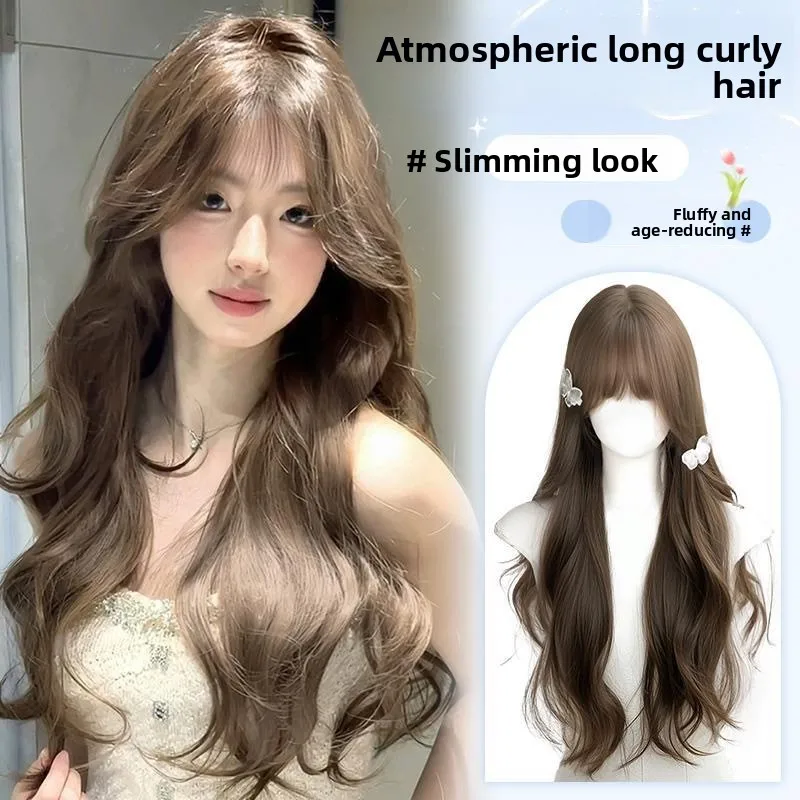 Synthetic Fiber Hair Natural Long Ladies Milk Tea Grey Brown Big Wavy Curly Cosplay Wigs For Women Daily Use Party Full Wig