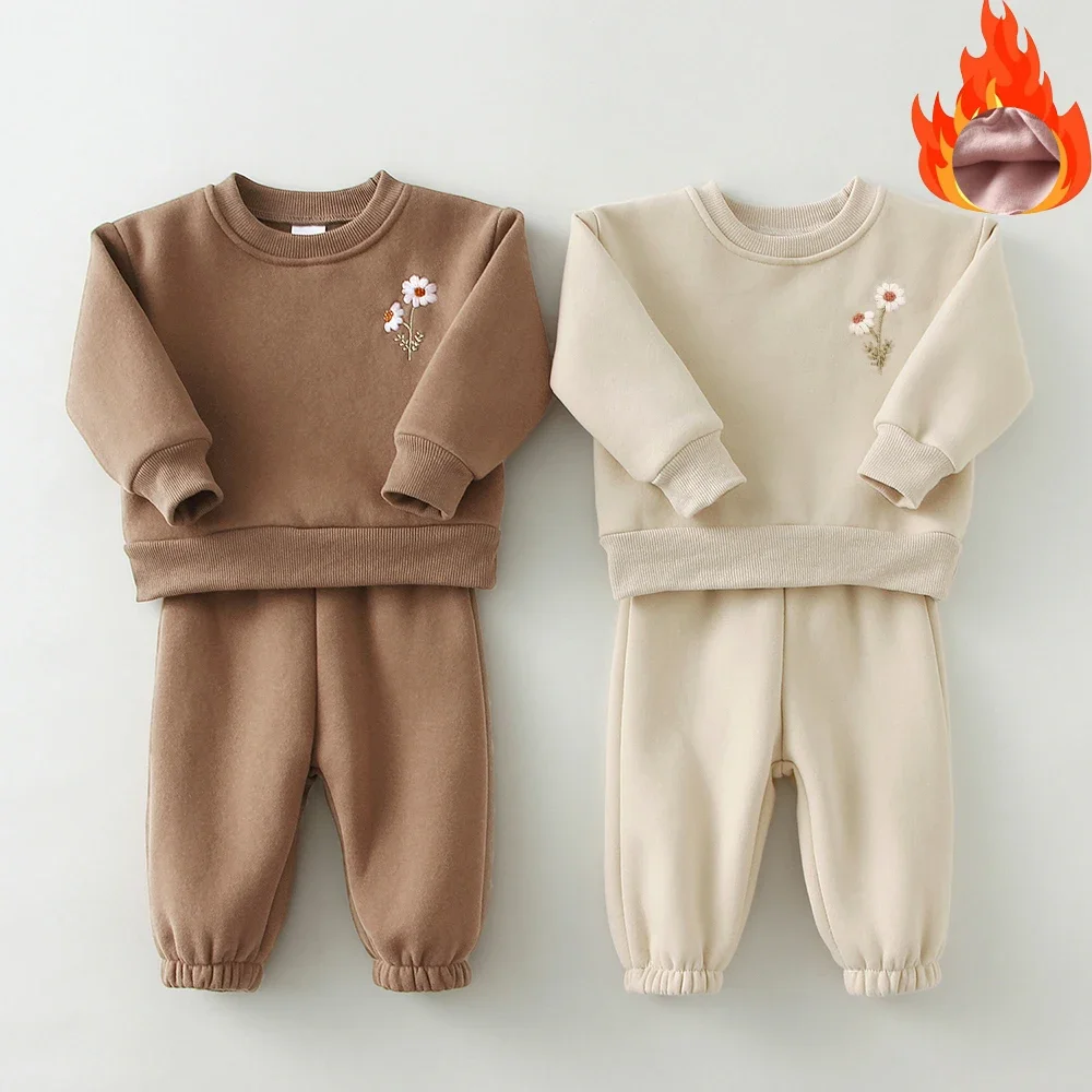 2Pcs Winter Baby Girl Boy Clothes Set Embroidery Thicken Fleece Sweatshirt+Pants Girl Warm Tracksuit Toddler Girl Clothes Outfit