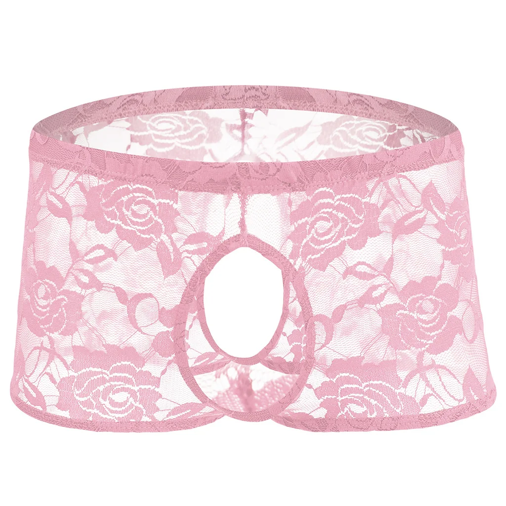 الرجال الملاكمين الدانتيل الوردي انظر من خلال الملابس الداخلية سيسي مفتوحة المنشعب الملابس الداخلية مفتوحة الجبهة القضيب سراويل كروسدريس ملابس النوم #2