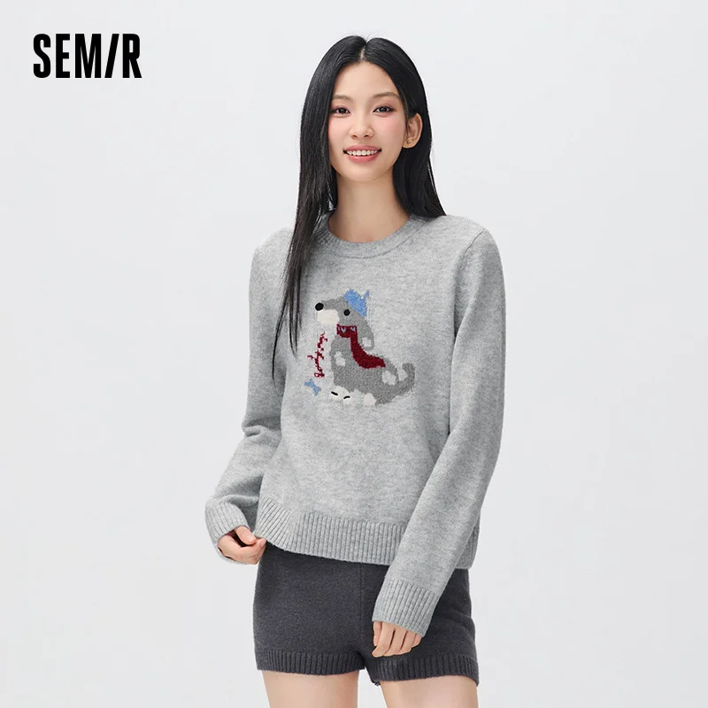 Semir Women Knit Sweater Jacquard Pet Graphic Crew Neck Minimal Style 2026 New Winter Daily Wear Urban Casual Style