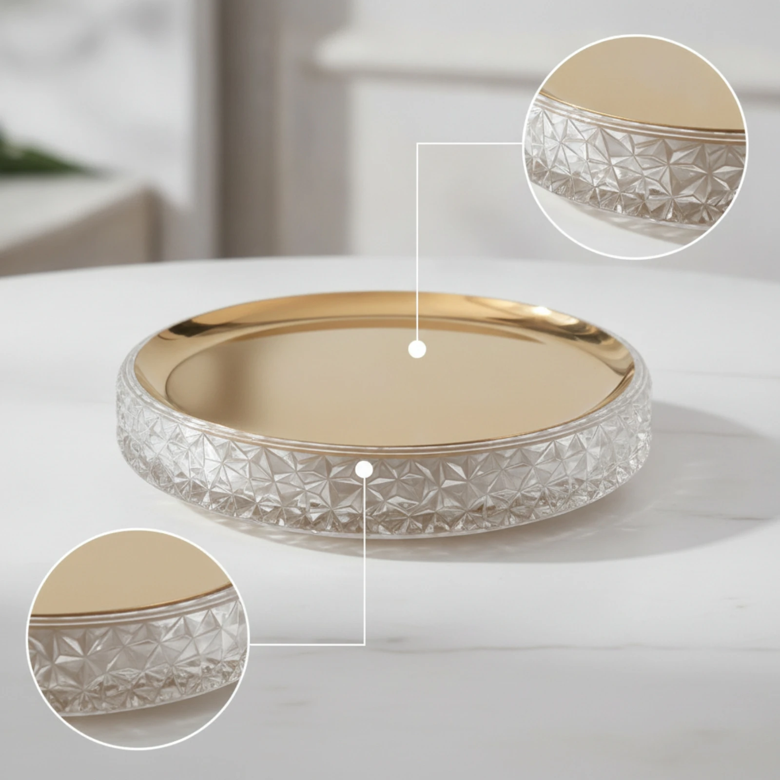 Round Tray with Mirrored Top Geometric Mirrored Tray Shallow Dish Decorative Luxurious for Tabletop, Coffee Table