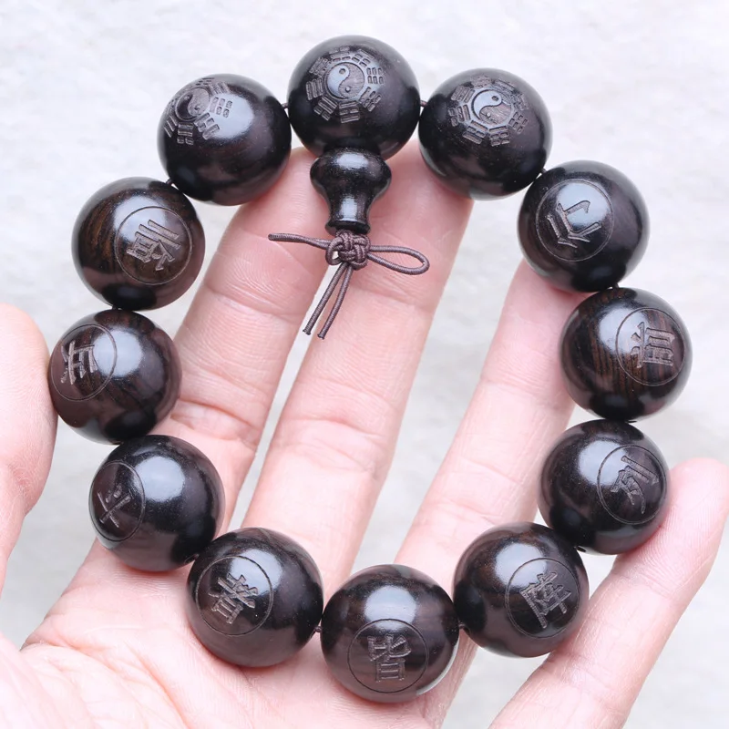 Natural Ebony Wood Carved Cross The Nine-character Mantra Gossip Bracelet Men's 20mm Buddha Beads Praying Bless Lucky HandString