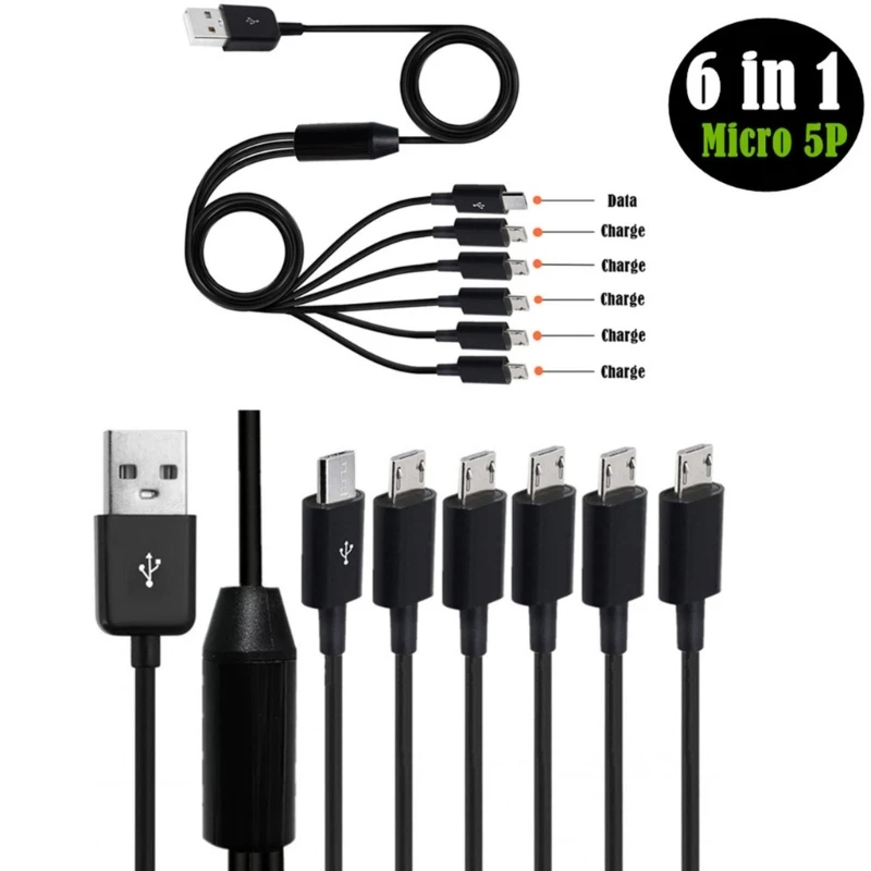 6 in 1 USB 2.0 Type A Male to 6 Micro USB Male Splitter Y Charging Data Sync Cord Charge Power Cable for Phone Tablet