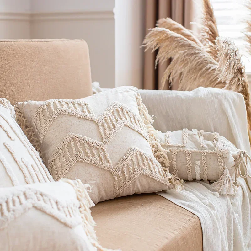 yesBoho Loop Tufted Pillowcase Cotton Linen Wabi-sabi Tassel Cushion Cover Candy Shaped Lumbar Pillow Cover Home Sofa Decorative