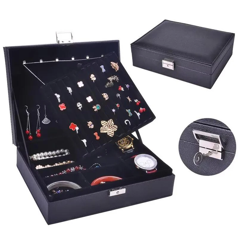Home Double-layer PU Jewelry Storage Box High Quality Large Capacity Square Jewelry Box European Style Girls Holiday Gift Box