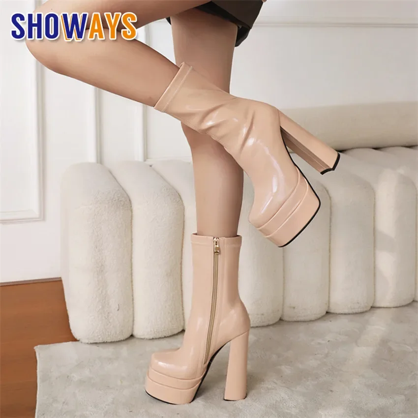 

Dual Platform Ankle Boots Women Super High Thick Heel Patent Leather Square Toe Party Dress Lady Winter Plush Zipper Short Boots