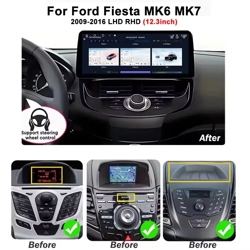 12.3inch For Ford Fiesta MK6 MK7 2009-2016 LHD RHD Android 16 Auto Car Radio Multimedia Video Player Navigation Auto Stereo GPS