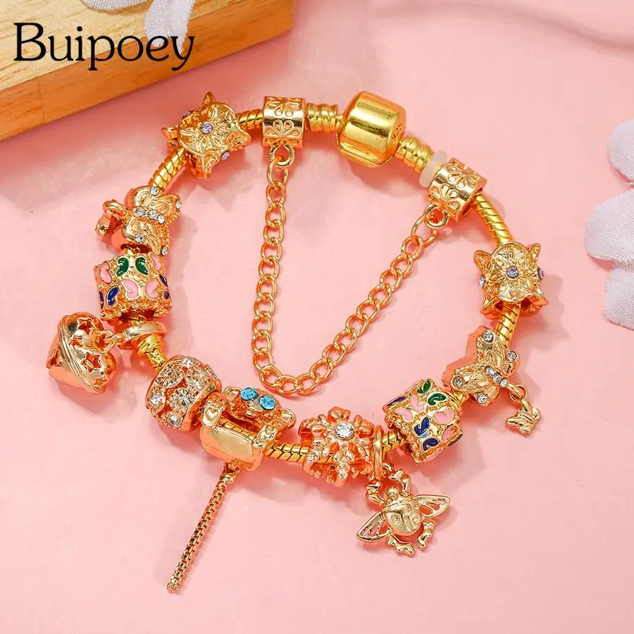 Buipoey Gold Plated Butterfly Monkey Beads Bell And Golden Beetle Charm Bracelets For Women DIY Fashion Bangle Jewelry Gifts