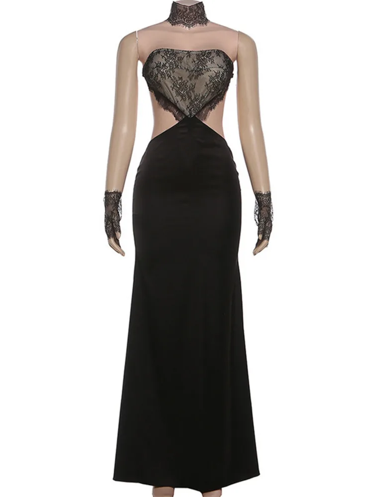 Blifanbo Koronkowa Sukienka Maxi z Odkrytymi Ramionami, Seksowna Suknia Damska, Elegancka Bez Ramiączek, Czarna, Bez Rękawów, Z Odkrytymi Plecami, Dopasowana Sukienka na Imprezę Klubową, Długa Sukienka