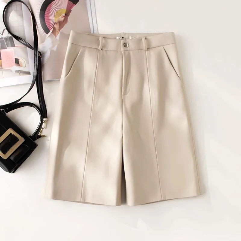 

Ning Genuine Leather Pants Women's High Waist Korean Sle Slimming Five-Quarter Straight Cut Leather orts Pure eep...
