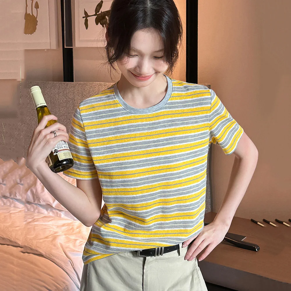 New Women Summer Contrast Color Striped T-shirt Fashion O-Neck Short Sleeve Slim T-shirt Casual Basic Daily Pullover T-shirt