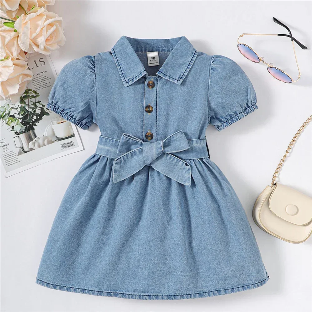 Summer Toddler Baby Girl Fashion Dress Bubble Sleeve Lapel Jeans Casual Dresses Birthday Party Costumes for Kid Girls 1-3 Years