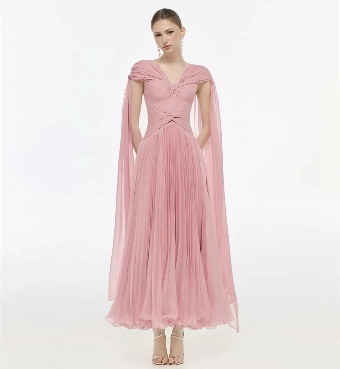 

Customized Elegant Chiffon Criss-Cross Draped Pleat A-line V-neck Long Dresses Bespoke Occasion Dresses Casual High quality Sexy