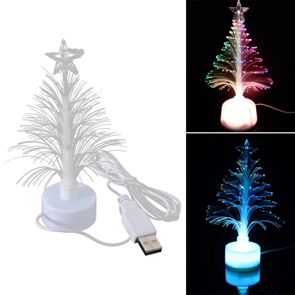 Mini LED Christmas Tree Night Light Color Changing Fiber Optical Light USB Connection Lamp Festival Decor for Shopping Mall Home