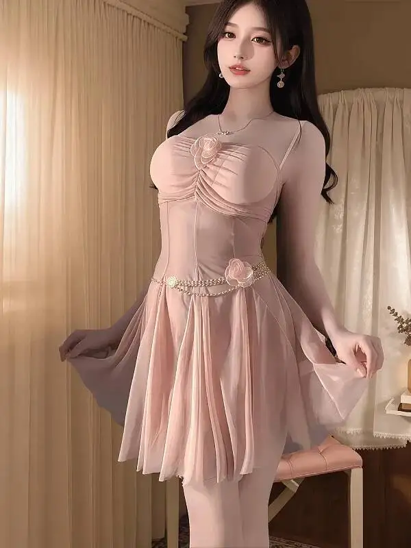 Sexy Sheer Mesh Lace Nightdress Hollow Out Open Crotch Night Wear Solid Color Backless Deep V Suspenders Sleeveless Dress VI9M