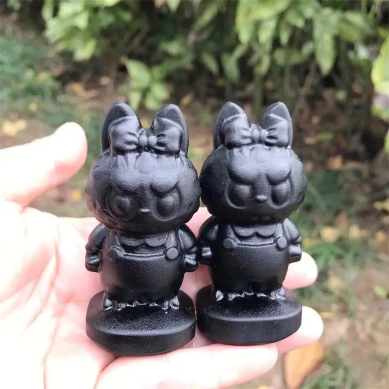 Natural Black Obsidian Cartoon Carving Memnon Megalith Powerful Statue For Home Room Decoration Gift 1PCS