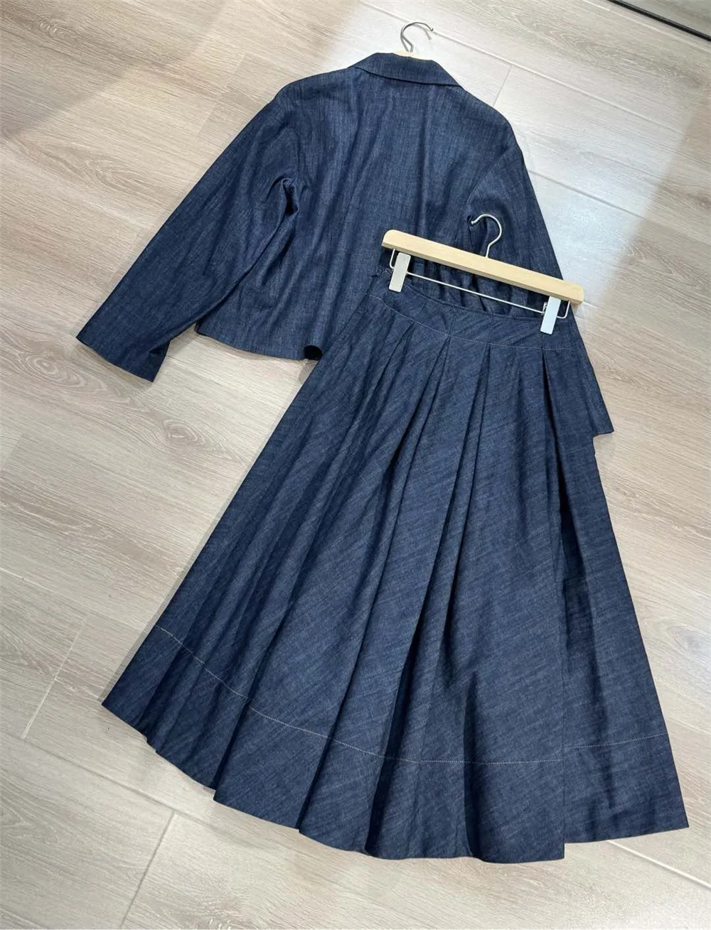 2025 Spring Summer Woman 2-Piece Set Cotton Denim Beaded Short Blazer Coat + High Waist Cotton A-line Skirt