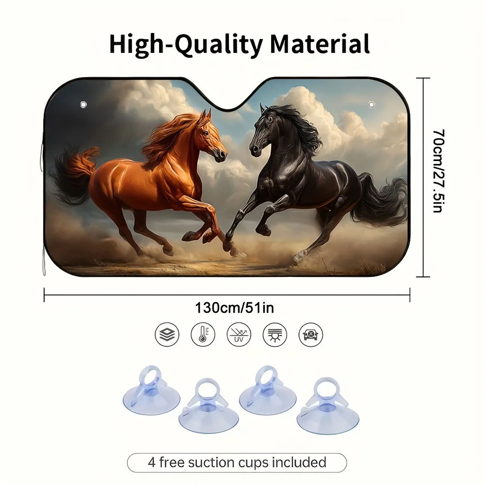 1pc 2D Flat Galloping Horses Duel Design Car Sunshade – Keeps Car Cool, Foldable & Easy Install, 4 Suction Cups Included, Perfec