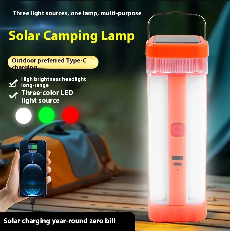 Solar Panel Camping Flashlight Lantern 1200mA USB Emeregency Torch For Hunting Fishing Outdoor Red Green Warning Light customize
