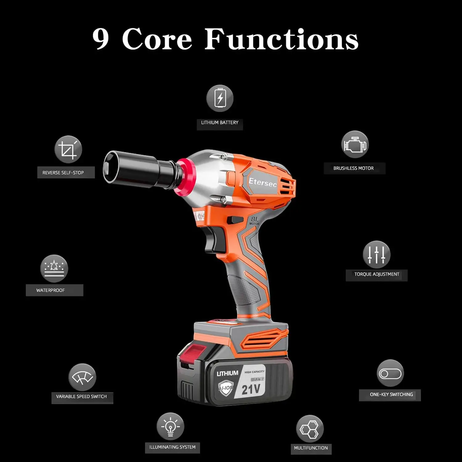 Cordless Impact Wrench 1/2 Inch High Torque 370 Ft-Lbs (500N.M), With 2X 4.0Ah Lithium Batteries,1 Fast Charger, 15 Sockets,4