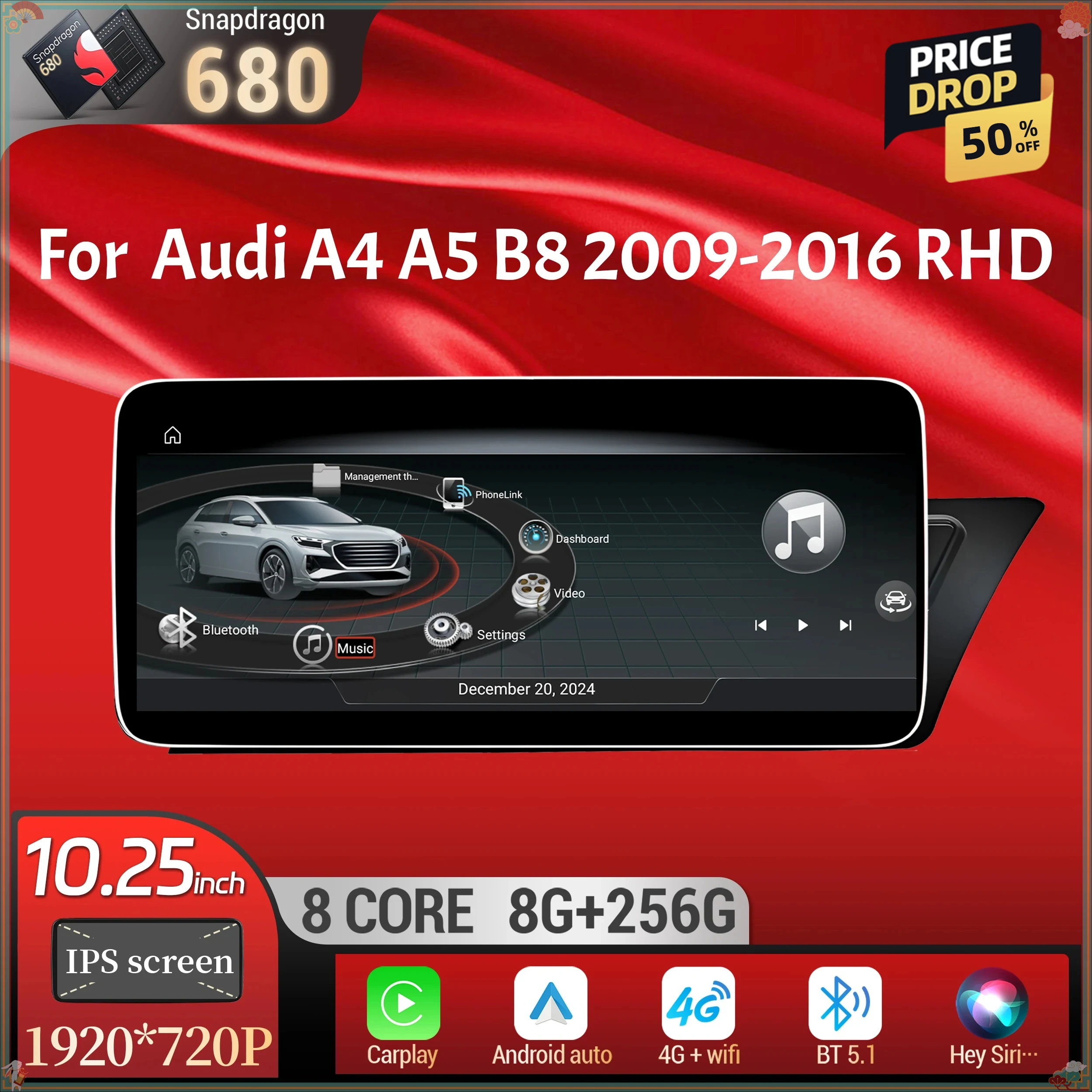 12.3 inch For Audi A4 A5 B8 2009-2016 Right Hand Drive Android 13 Car Radio BT Carplay Qualcomm Snapdragon 680 Head Unit Screen