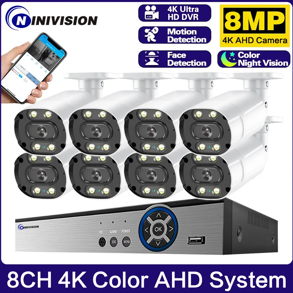 8MP 8CH 24H Full Color Night Vision CCTV AHD Dome Camera Kit Set 4K Outdoor HD 4Led Light Home Monitor Video Security System