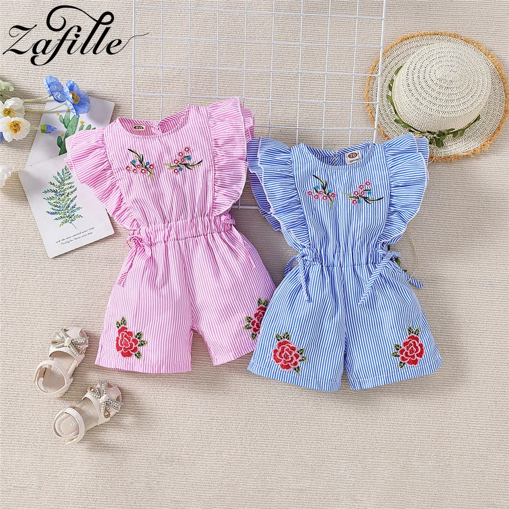 

ZAFILLE Summer Baby Clothes Ruffles Stripe Flower Children Girls Jumpsuit 1-6Y Solid Overalls For Girls Cute Toddler Baby Romper