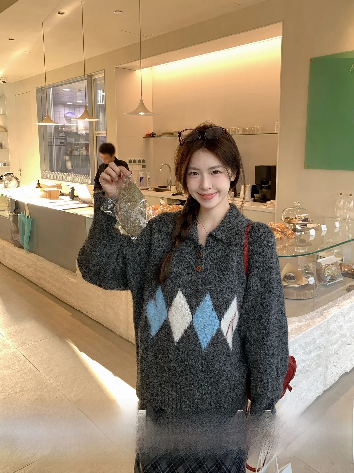 

Morning Bloom Women's Knitted Sweater Korean Sle Soft Loose Fit Long Sve Diamond Pattern Turn-down Collar Outerwear