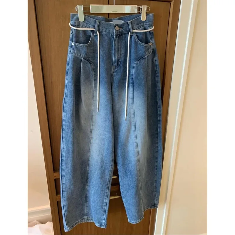 Retro Waed A-Waist Denim Jeans with Knot Rope And Needle Pleats Women's Korean Sle Casual Straight Leg Trousers