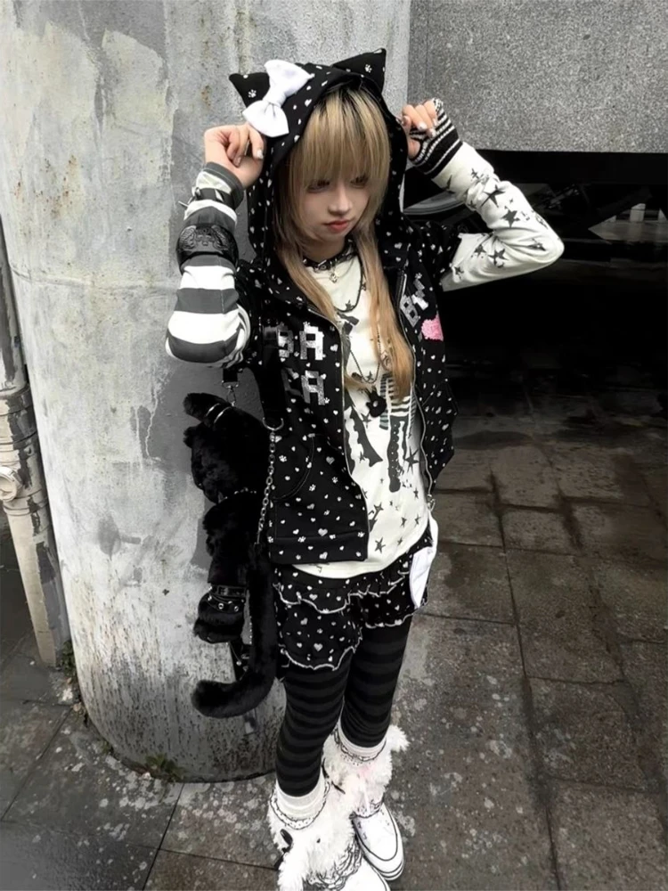 

Y2k Aesthetic Two Piece Sets Streetwear Casual Puff Sleeve Zipper Hooded + Harajuku Ruffled Mini Shorts Grunge Babycat Set 2025