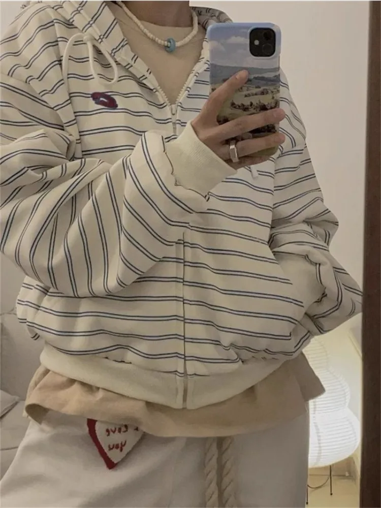 

Deeptown Vintage Striped Sweatshirts Women Oversized Casual Korean Style White Zipper Hoodies Harajuku Fashion Hooded Sweatshirt