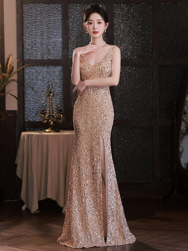 

Ele Sexy Fi Tail Gown Sparkling Sequins High Waist Zipper Sle Long Evening Dr for Wedding Par Performance
