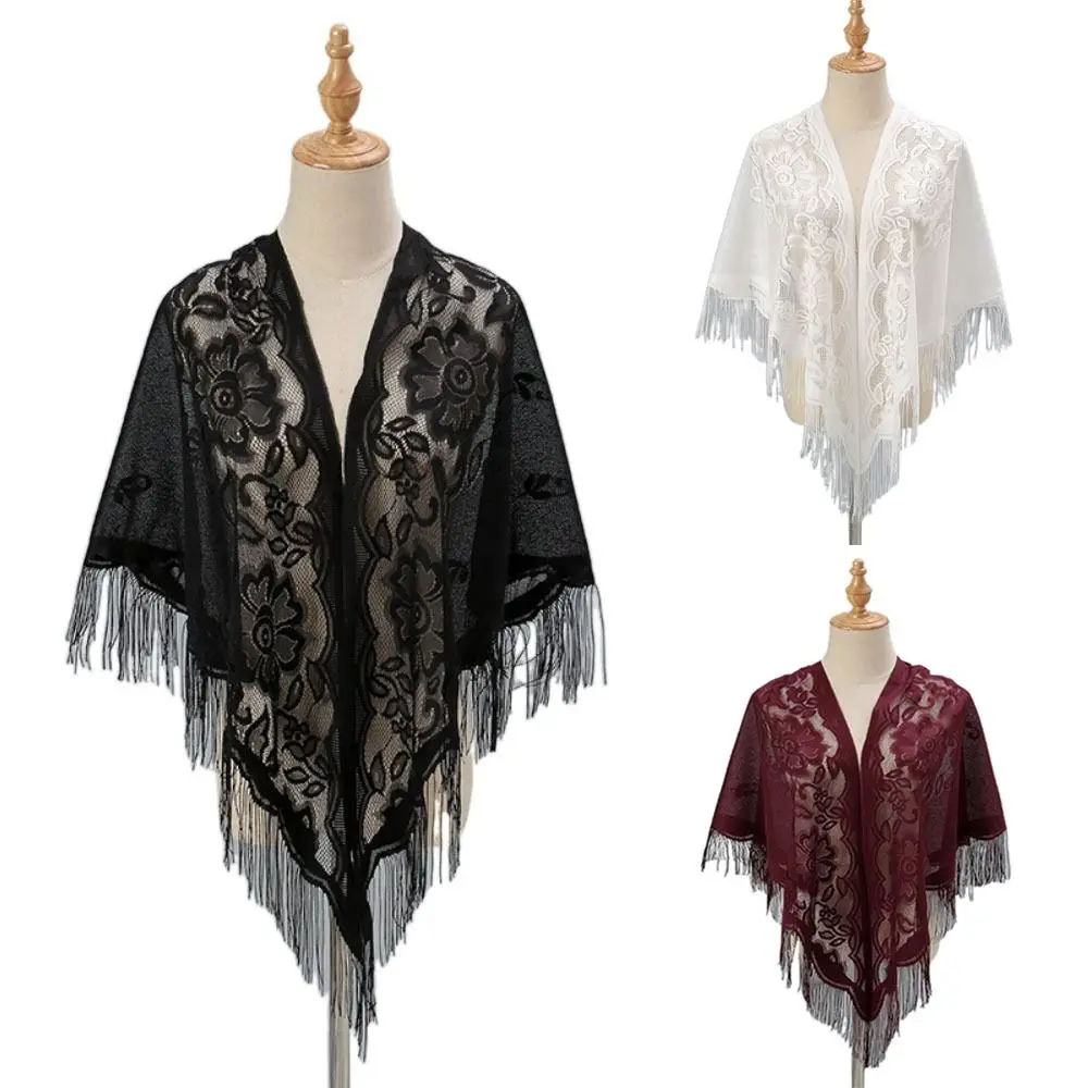 Women Vintage Shawl Tassel Patchwork V-Neck Cardigans Shawl Party Dinner Top Scarf Shawls Mesh Cloak Capelet Fringes