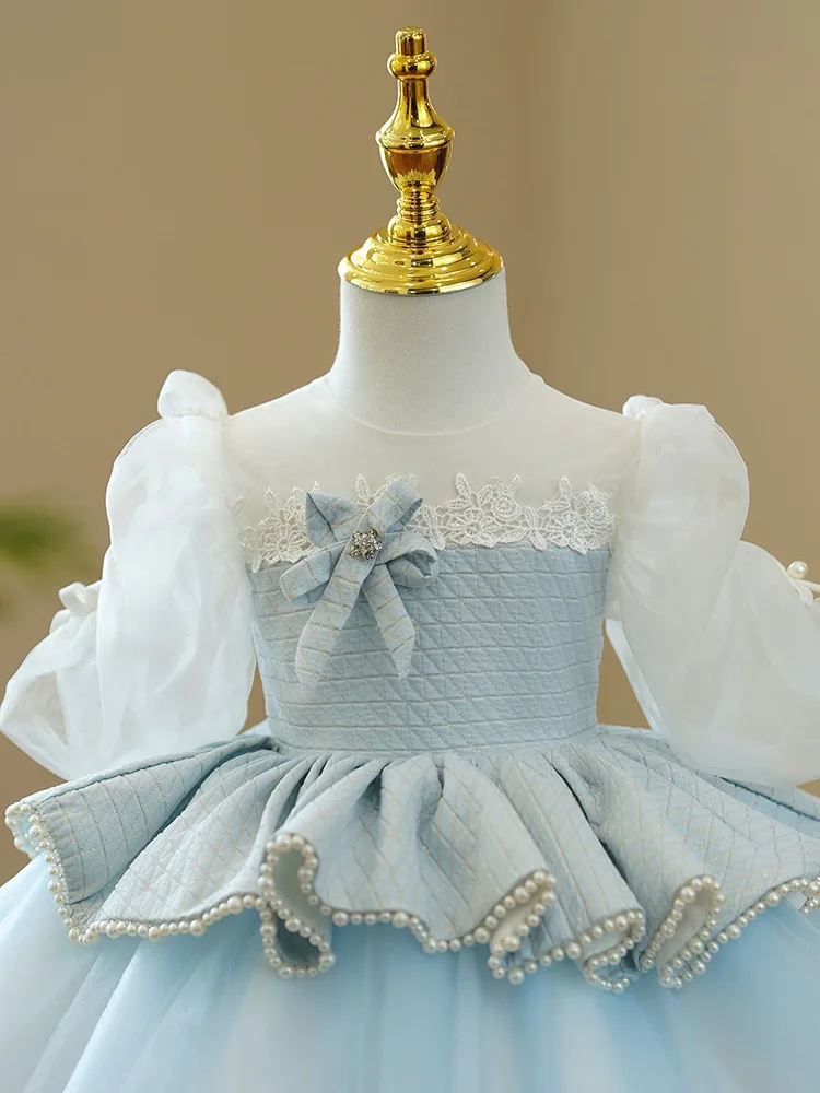 Robe d'anniversaire bleu ciel pour bébé fille, robe de baptême, col transparent, couches de tulle, perles, robes de Noël gonflées, nouveau