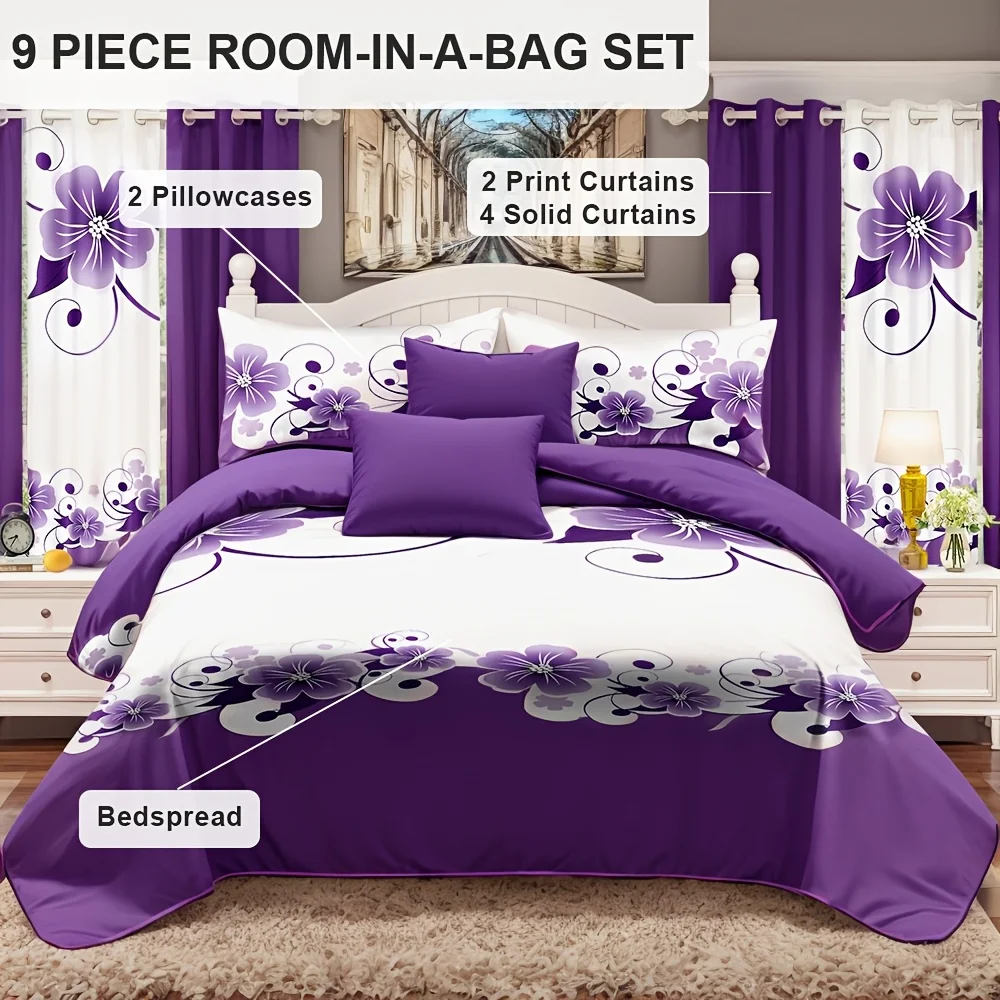 9pcs In A Bag Thick Touch Bed Cover Curtain Set, Upgraded Luxury Bedspread Set, Bamboo Microfiber All Season Bedding-Set for Hom