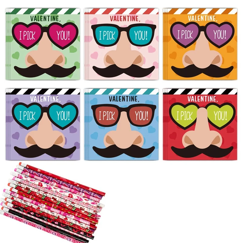 Funny Nose Picking Valentines Day Gifts Set For Kids - 24 Valentines Day Cards & 24 Pencils Set - I Pick You Mustache Glasses