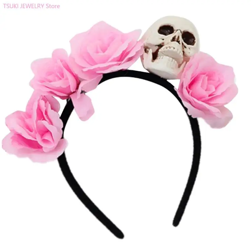 62KE Halloween-Schädel-Blumen-Stirnbänder, Gothic-Party-Haar-Accessoire für Damen, Herren, Kinder