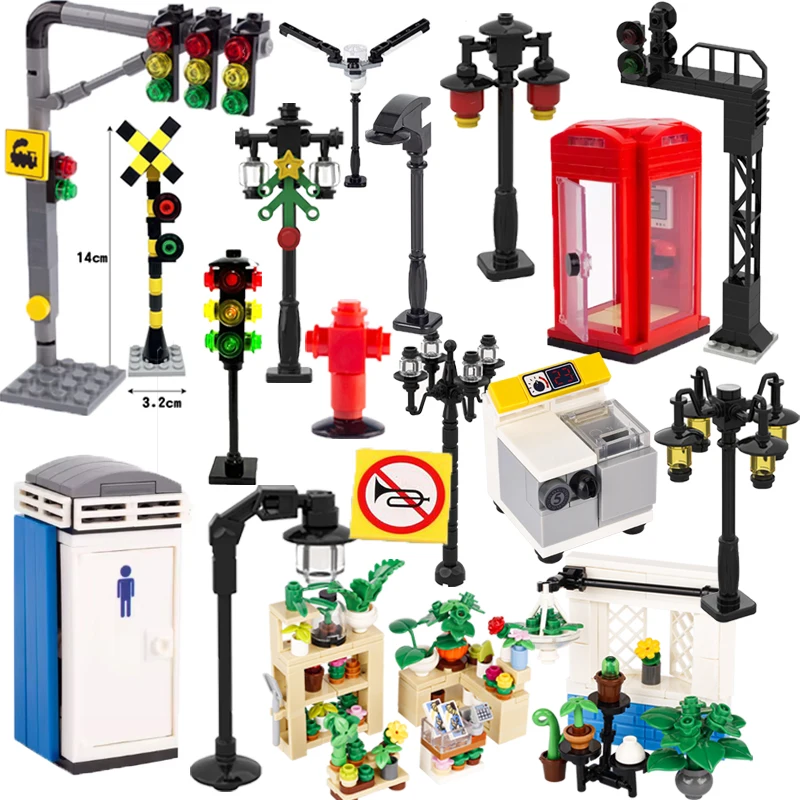 City Street Series Building Blocks Accessories Rail Transit Train Signal Light Railings Brick Toilet Flower Bed Phone Box Toy