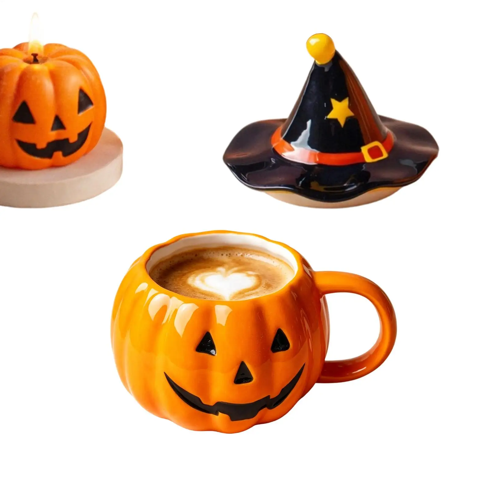 Halloween Pumpkin Mug With Lid 250ml Halloween Pumpkin Witch Hat Ceramic Mug Smile Face Pumpkin Coffee Cup Gift For Friends