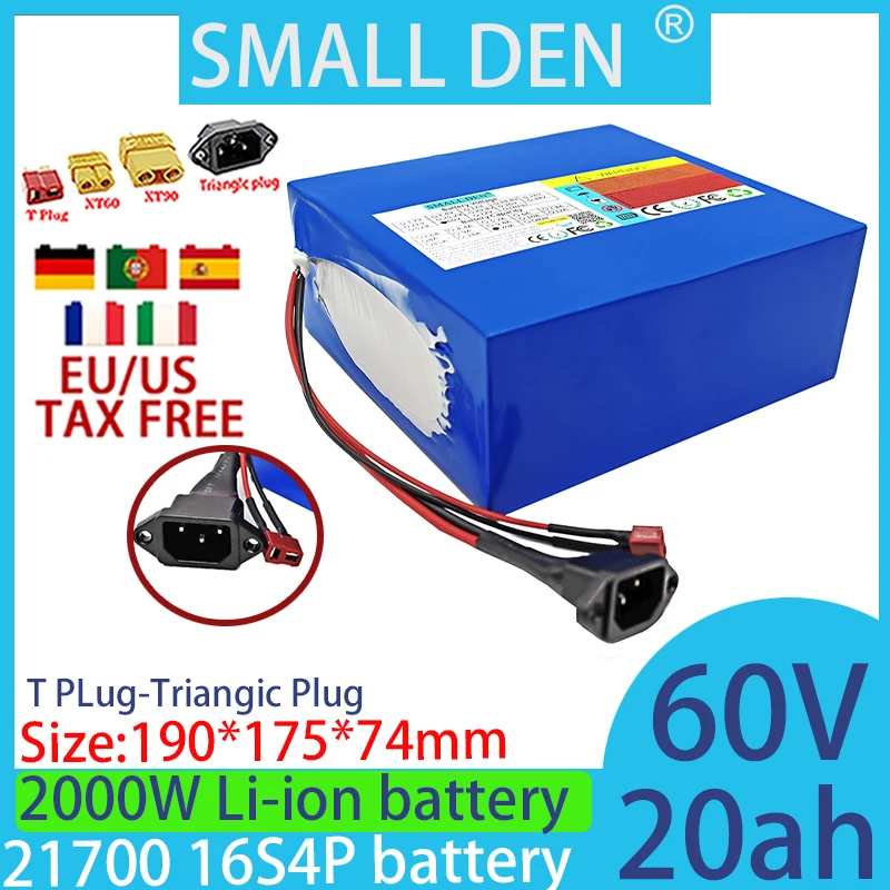 New 60V 20Ah 21700 16S4P lithium battery pack with built-in BMS for 67.2V 100-2000W backup user external portable power battery