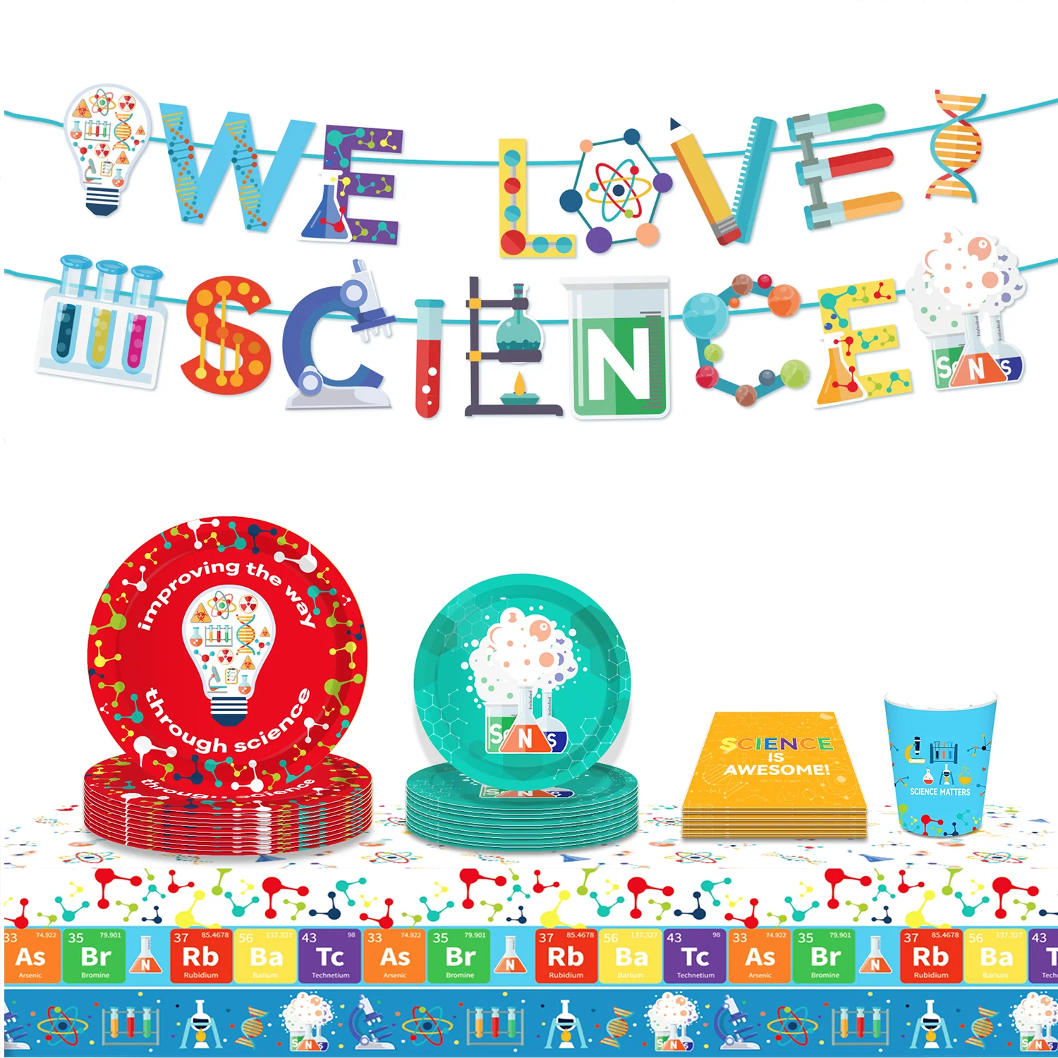Ensembles de vaisselle jetable pour fête sur le thème de la science et du ADN, avec motifs de scientifiques de dessin animé, comprenant assiettes, serviettes et gobelets, pour anniversaires et décorations de fête