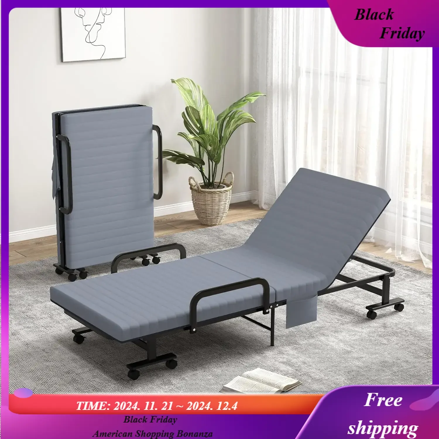 Folding Bed with Mattress, Foldable Portable Guest Bed w/Adjustable 6 Position & Side Storage Pocket,