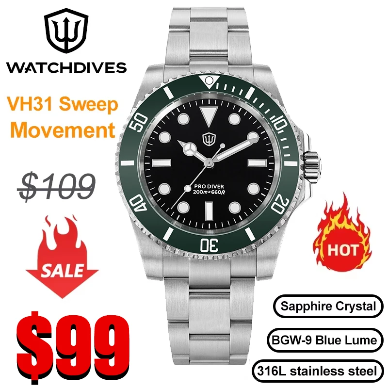 Watchdives WD1680Q V2 Green Dial Quartz Watches VH31 Sweep Second Movement Sapphire 200M Waterproof Stainless Steel Wristwatch
