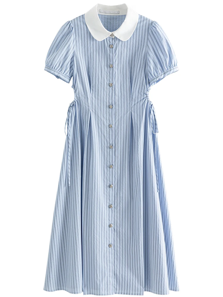 FSLE French Style Striped Shirt Chic Long Dress For Women 2024 Summer New All-match Casual Commuter Women Long Dress 24FS12570