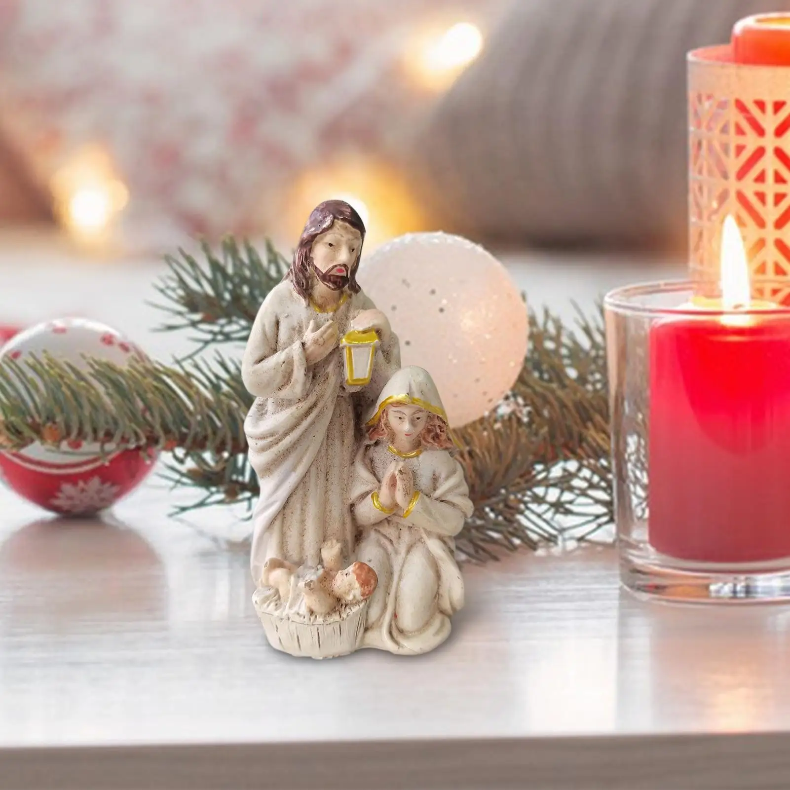 الراتنج مشهد المهد تمثال الأسرة المقدسة الكاثوليكية تمثال منضدية ديكور الحرف اليدوية النحت لعيد الميلاد الكنيسة الديكور #4
